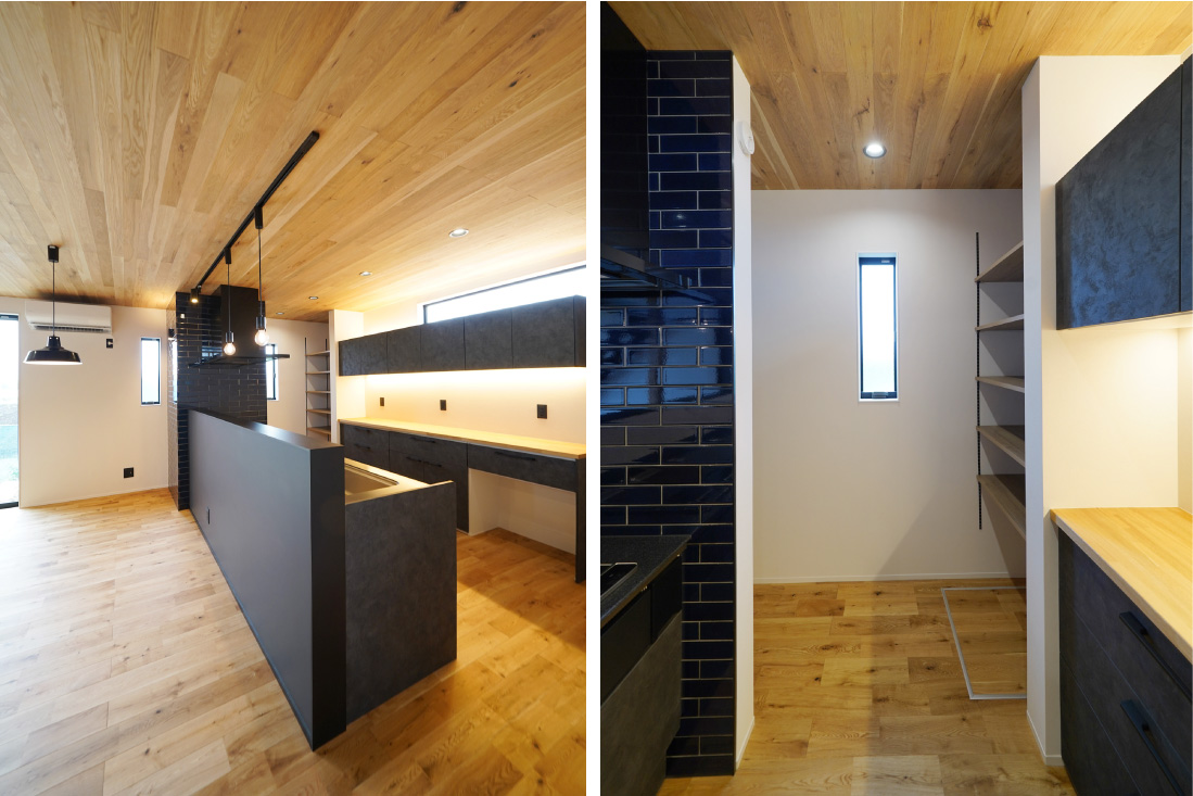 ナチュラルな木目とインダストリアルなブラックアクセントの対比がかっこいいスタイリッシュな住まい