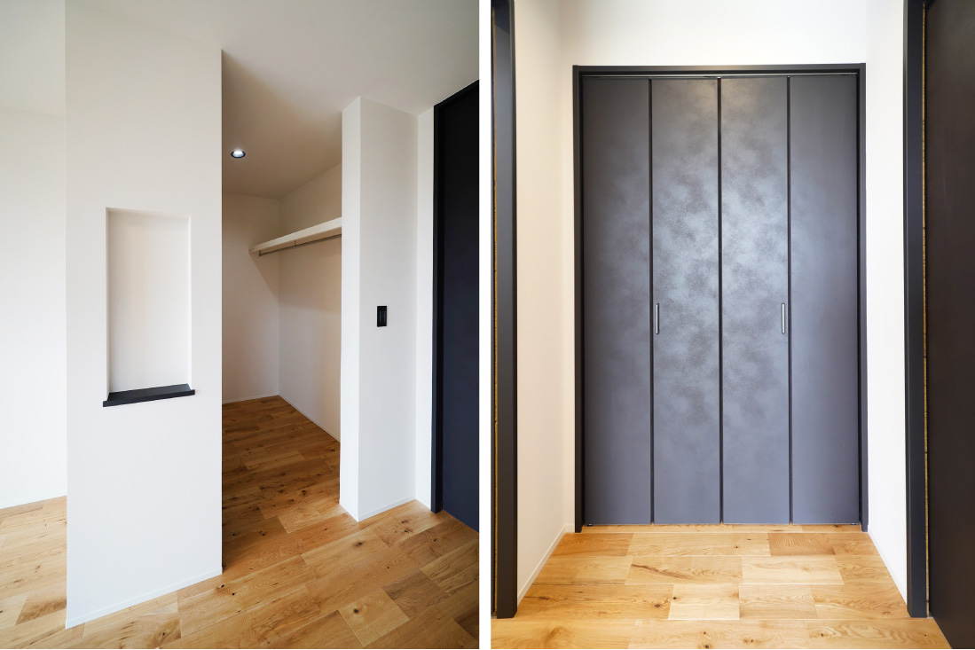 ナチュラルな木目とインダストリアルなブラックアクセントの対比がかっこいいスタイリッシュな住まい